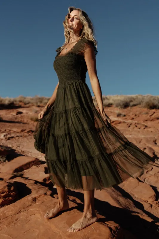 Emma Smocked Tulle Dress | Dark Olive sold by Baltic Born