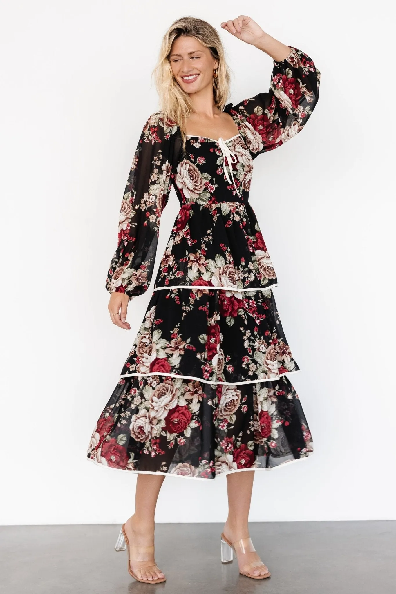Viviana Tiered Dress | Black Floral sold by Baltic Born