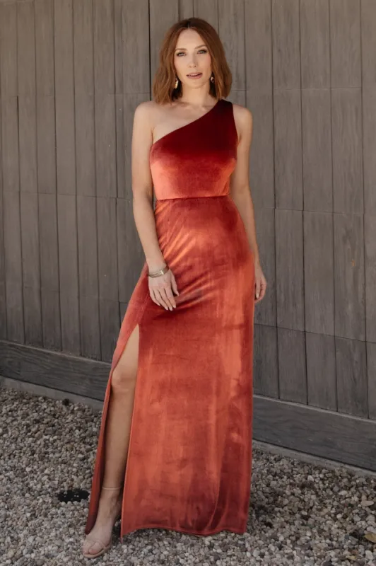 Tatiana Velvet One Shoulder Maxi Dress | Cinnamon sold by Baltic Born