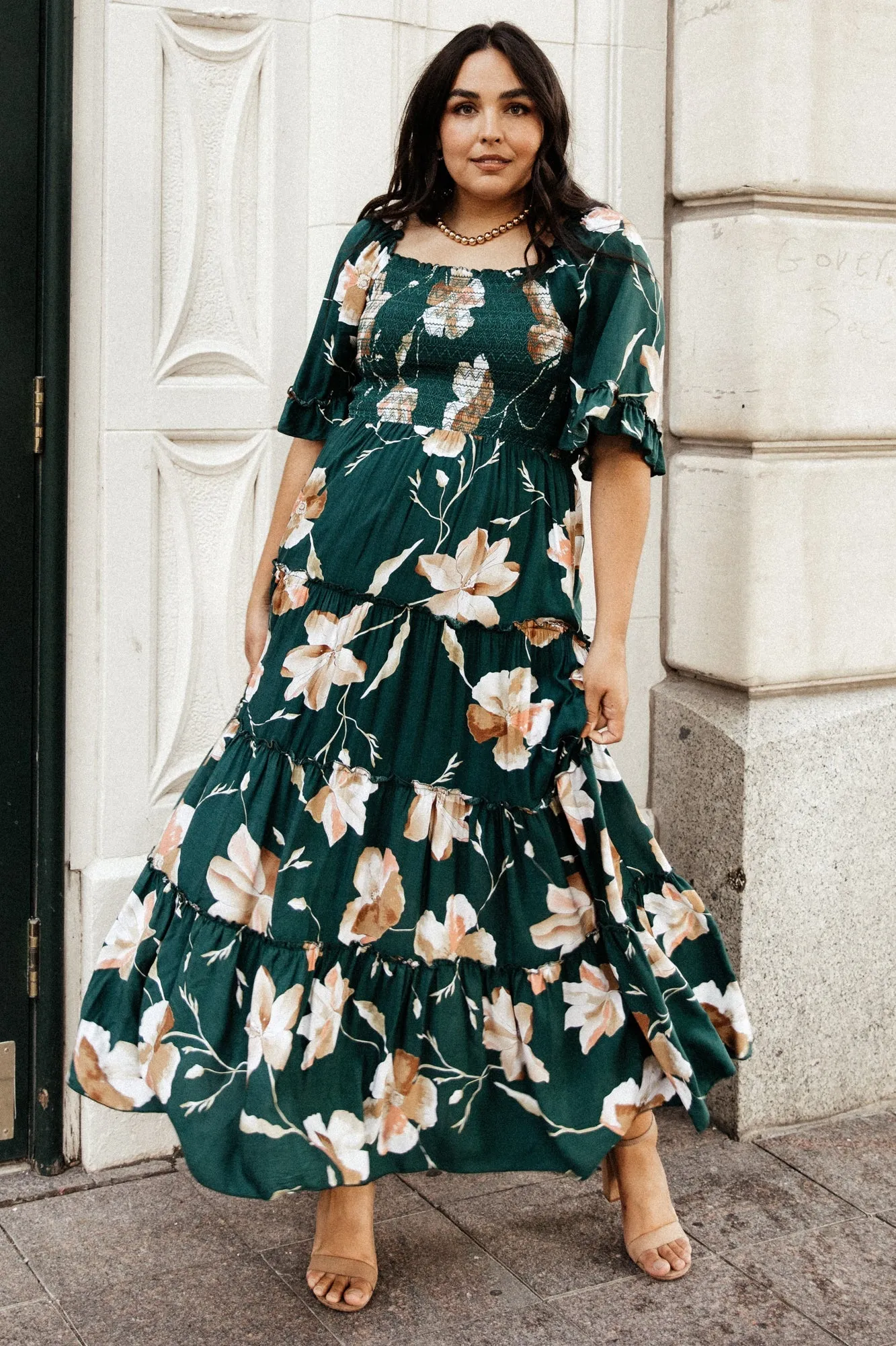 Natasha Ruffle Maxi Dress | Deep Green Floral sold by Baltic Born