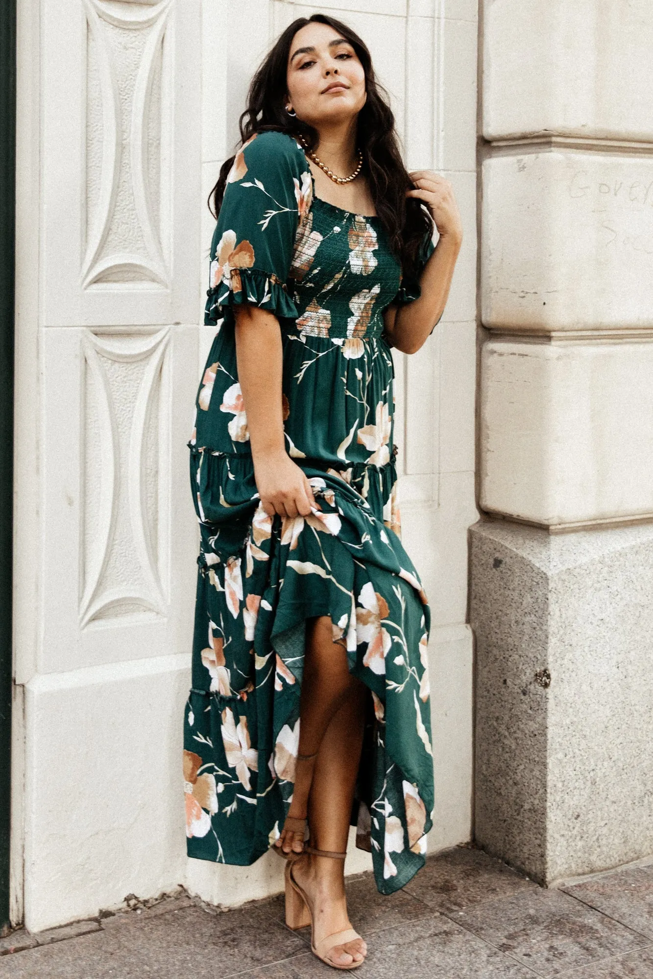 Natasha Ruffle Maxi Dress | Deep Green Floral sold by Baltic Born product image thumbnail 3