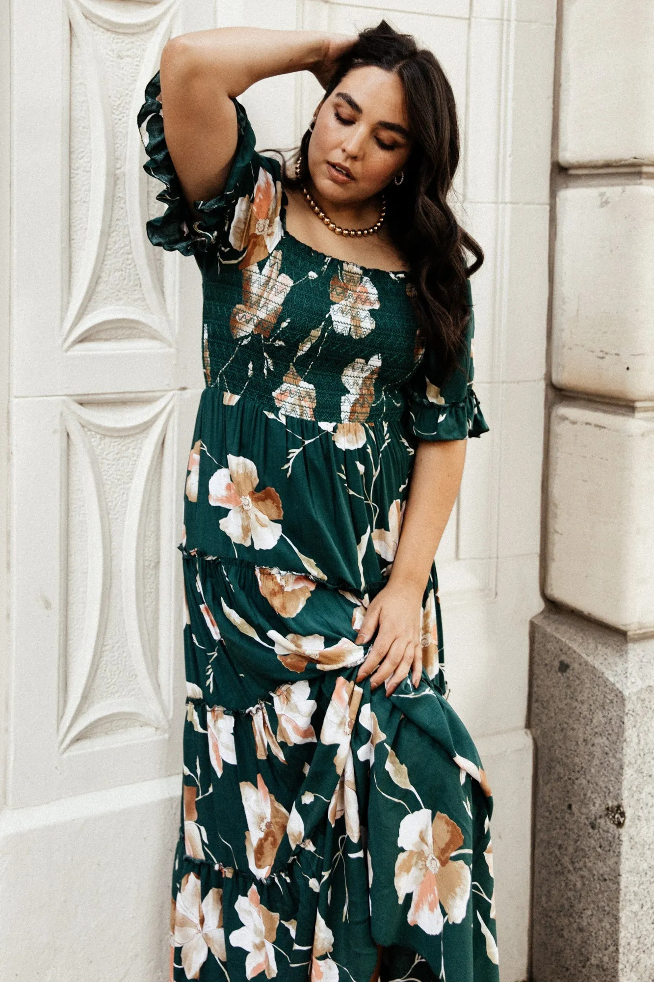 Natasha Ruffle Maxi Dress | Deep Green Floral sold by Baltic Born product image thumbnail 5