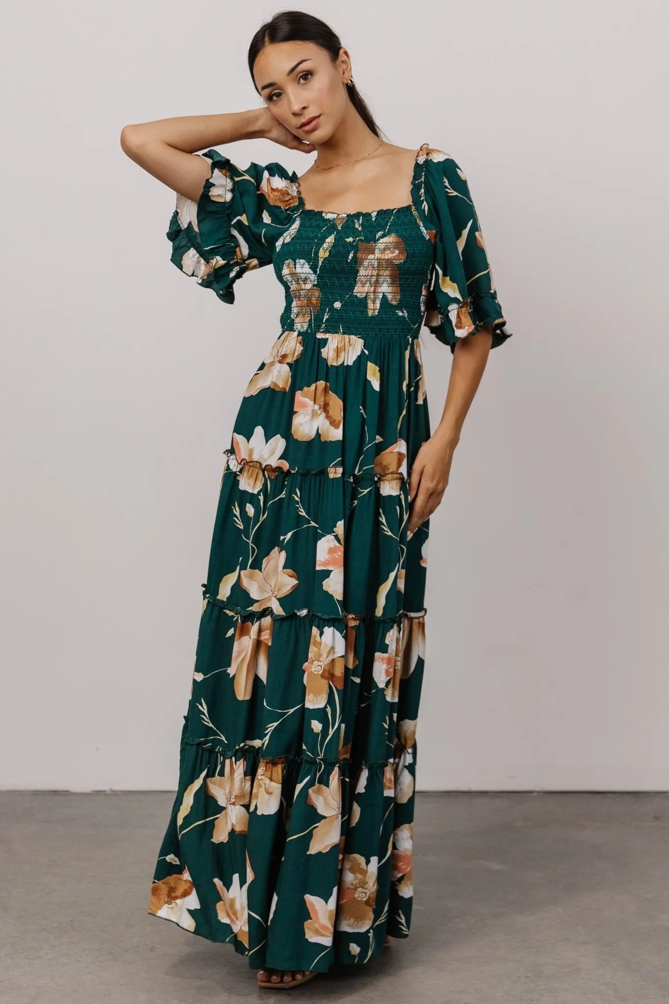 Natasha Ruffle Maxi Dress | Deep Green Floral sold by Baltic Born product image thumbnail 2