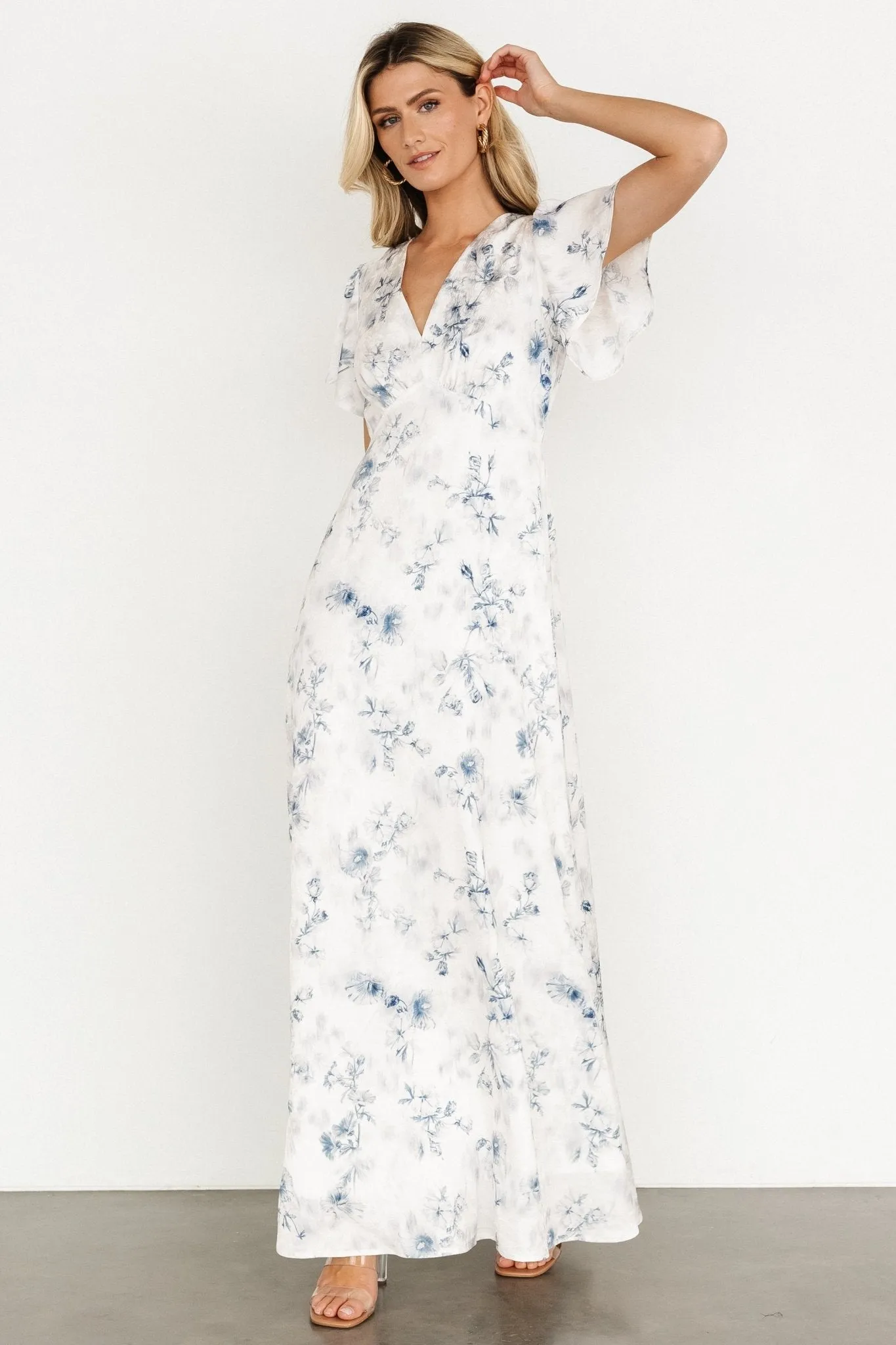 Carmen Maxi Dress | Off White + Blue Floral sold by Baltic Born