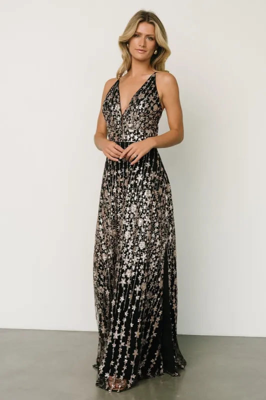 Tiara Sequin Gown | Black + Rose Gold sold by Baltic Born