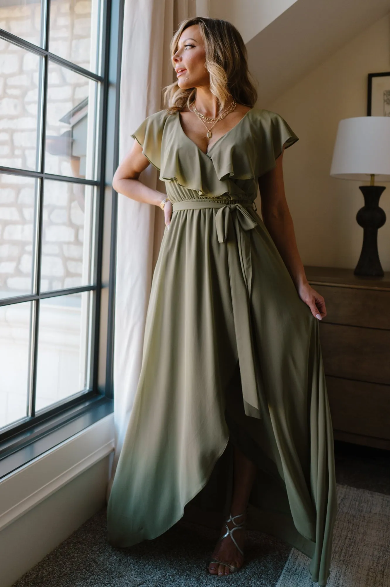 Katya Ruffle Maxi Dress | Dusty Olive sold by Baltic Born