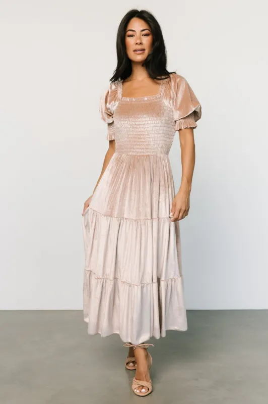 Vivaldi Smocked Velvet Midi Dress | Champagne sold by Baltic Born