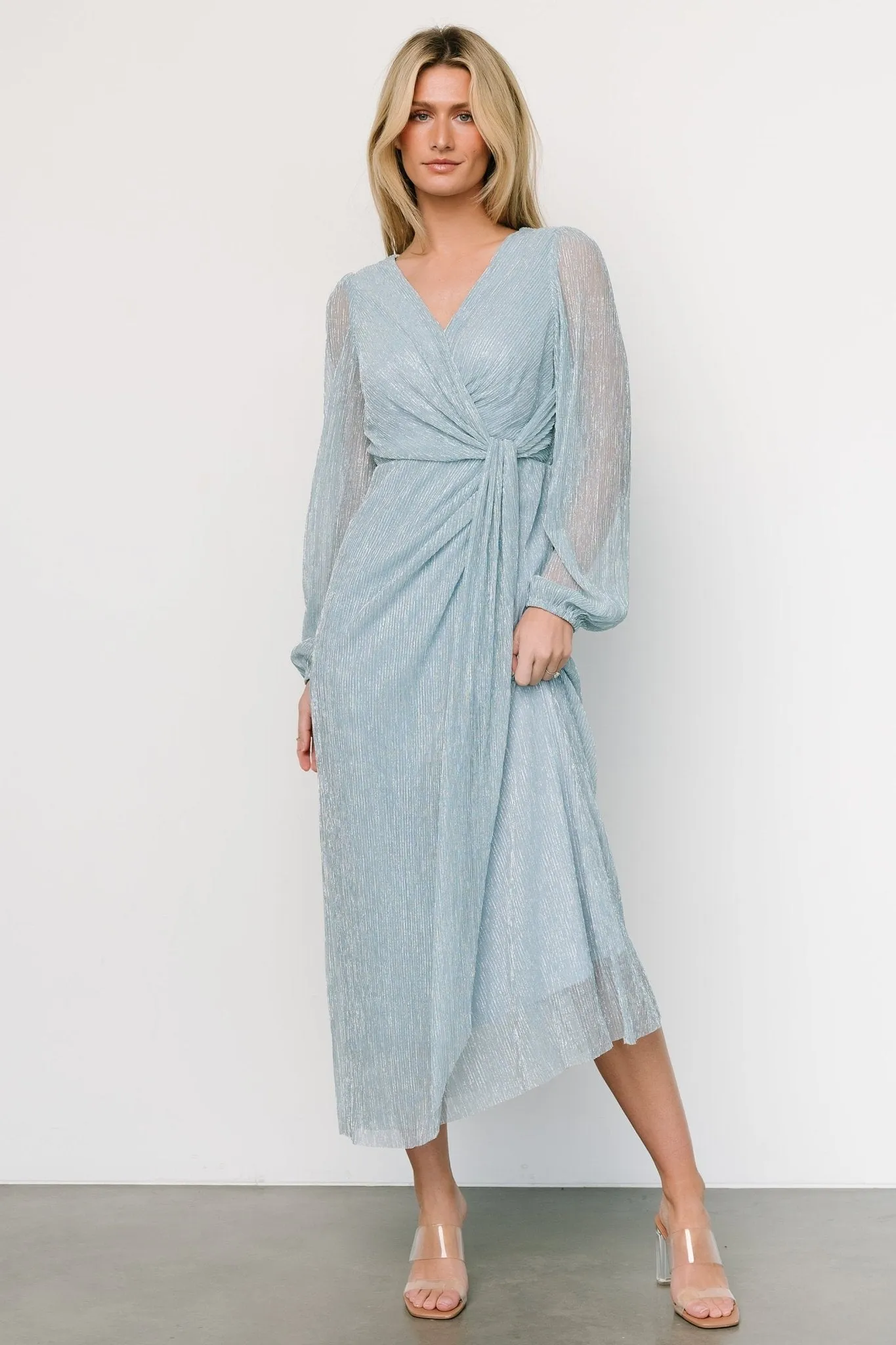 Devlyn Pleated Dress | Dusty Blue Shimmer sold by Baltic Born