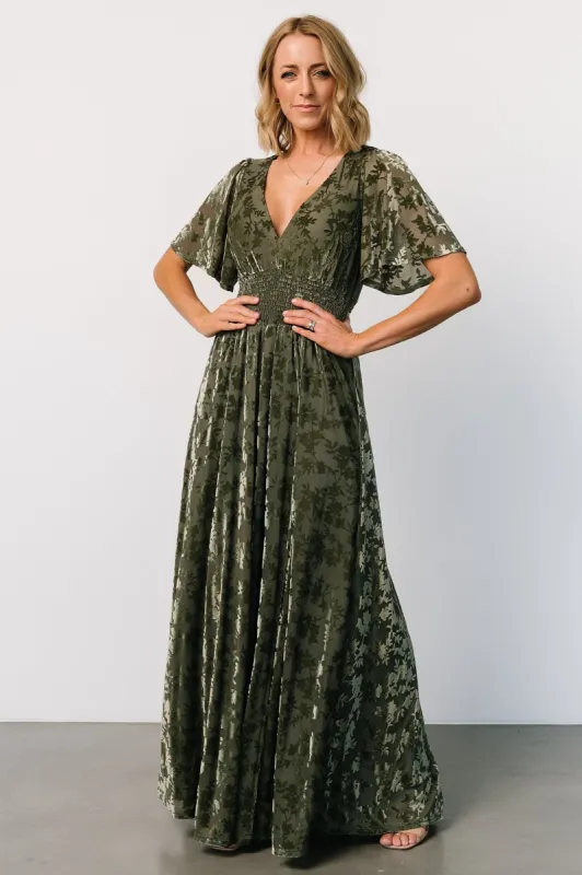 Veronica Velvet Maxi Dress | Dark Sage sold by Baltic Born