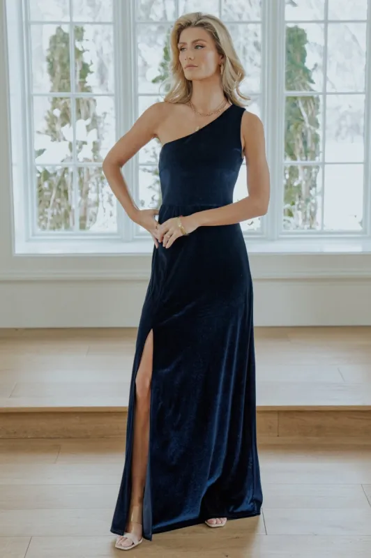 Tatiana Velvet One Shoulder Maxi Dress | Navy sold by Baltic Born