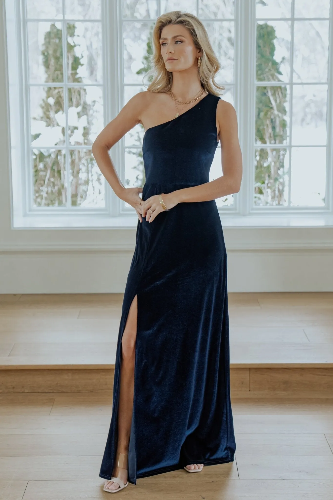 Tatiana Velvet One Shoulder Maxi Dress | Navy sold by Baltic Born