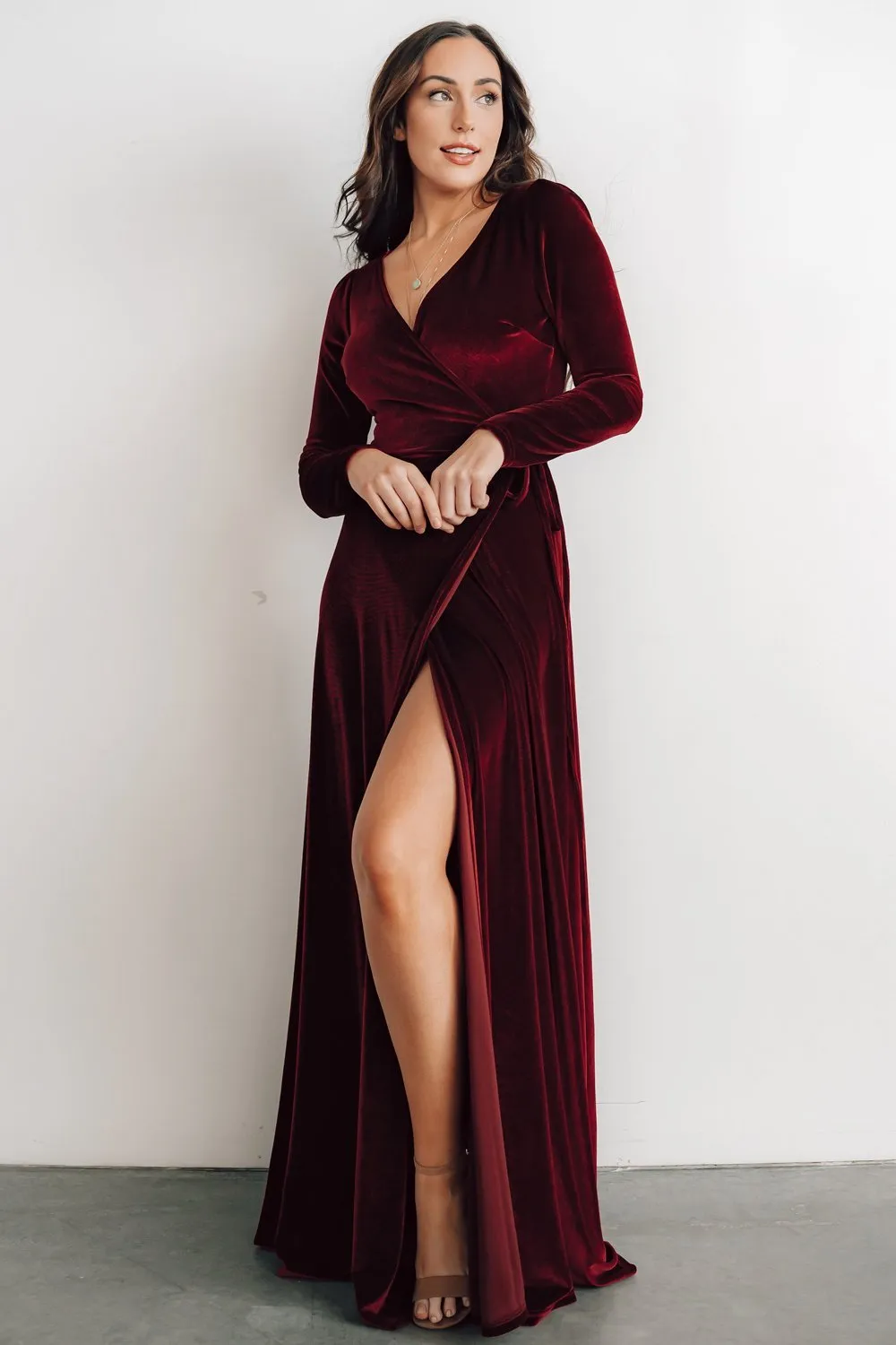 Esmerelda Velvet Wrap Maxi Dress | Merlot sold by Baltic Born