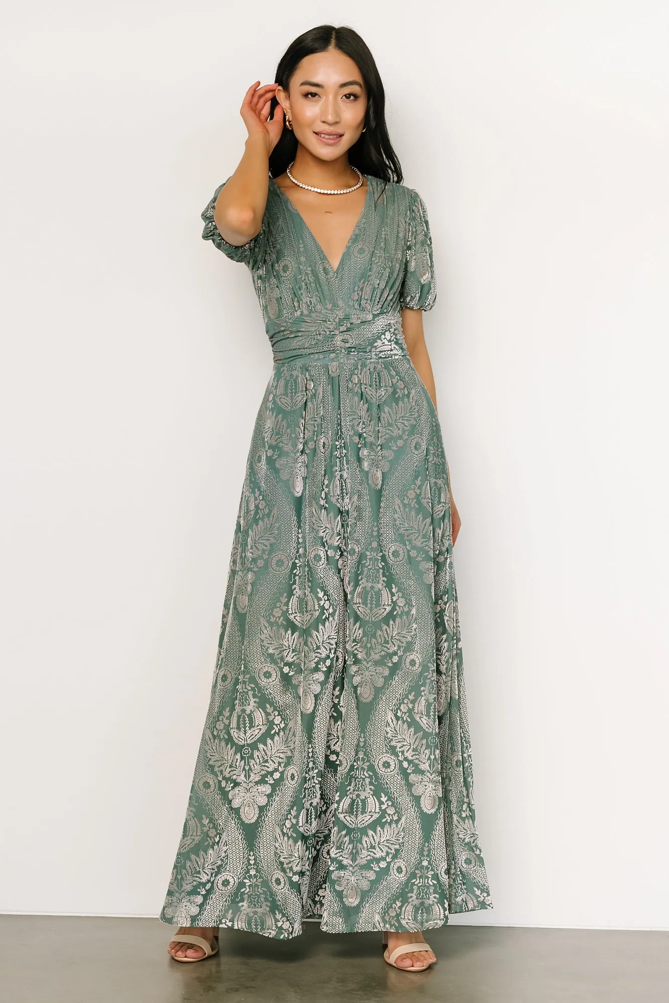 Leslie Velvet Maxi Dress | Sage + Silver sold by Baltic Born product image thumbnail 3