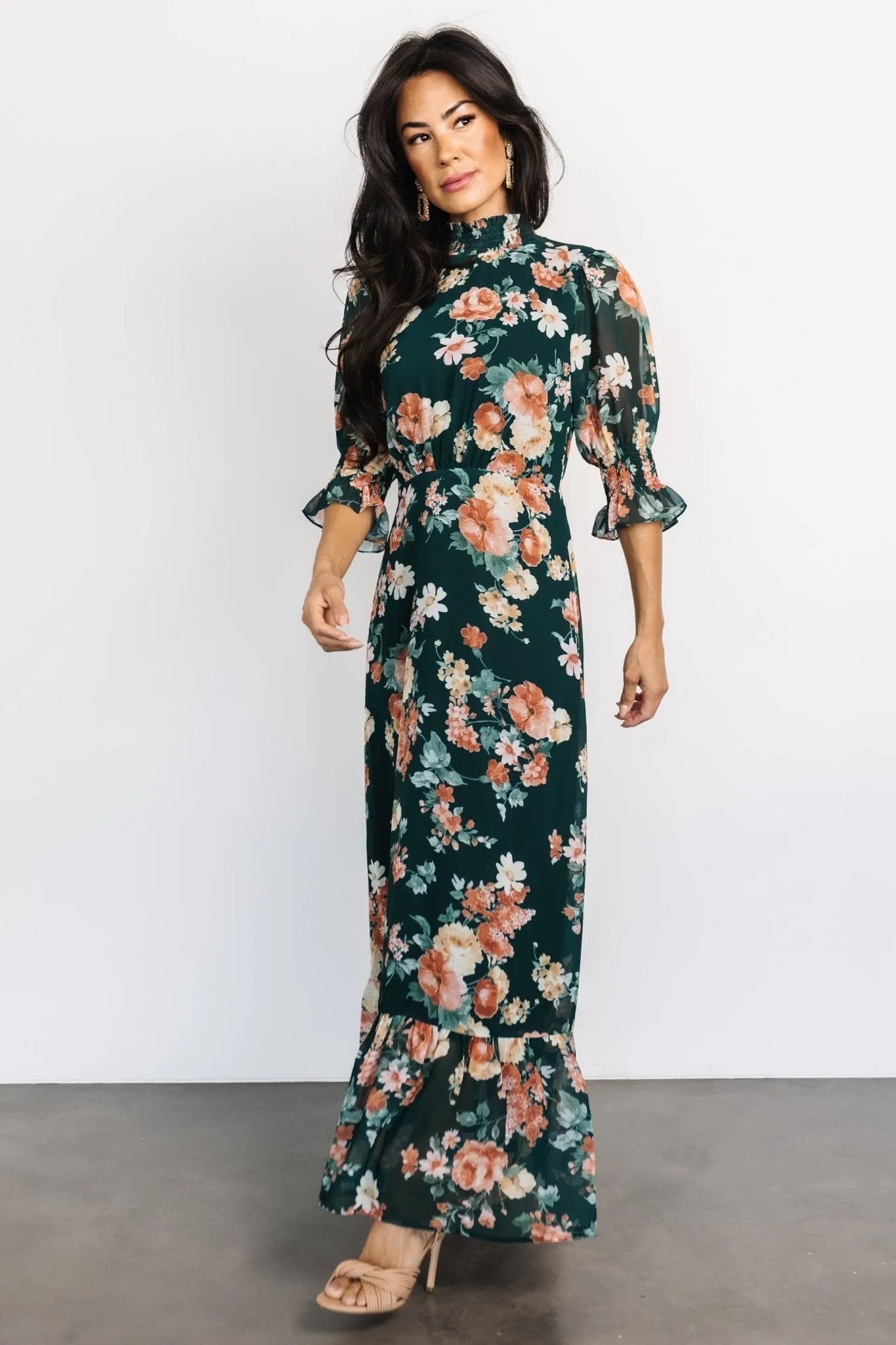Marie Mock Neck Maxi Dress | Dark Green Floral sold by Baltic Born product image thumbnail 5