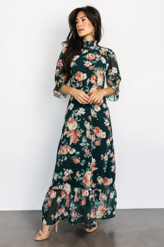 Marie Mock Neck Maxi Dress | Dark Green Floral sold by Baltic Born