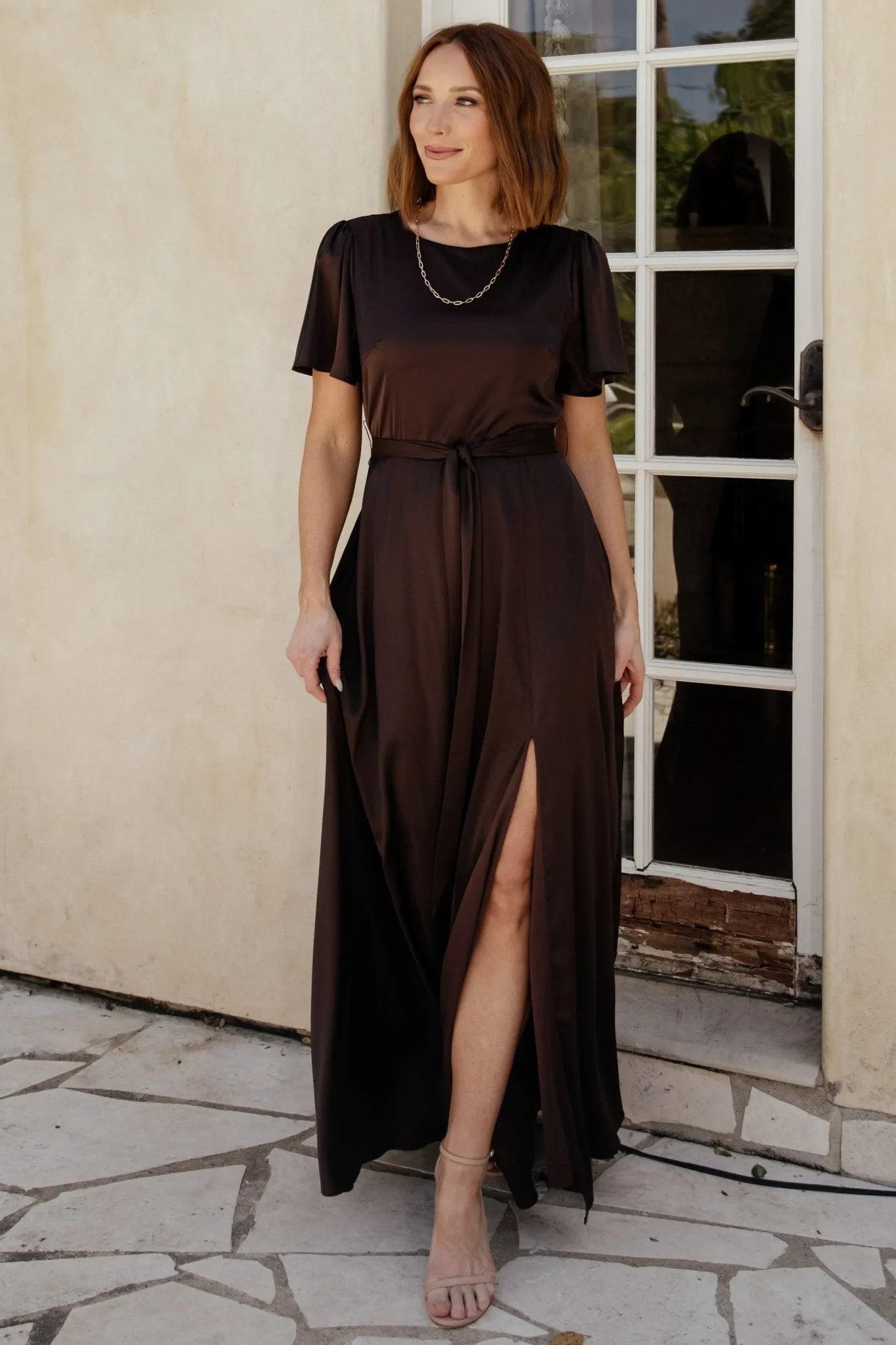 Agnes Satin Maxi Dress | Espresso sold by Baltic Born