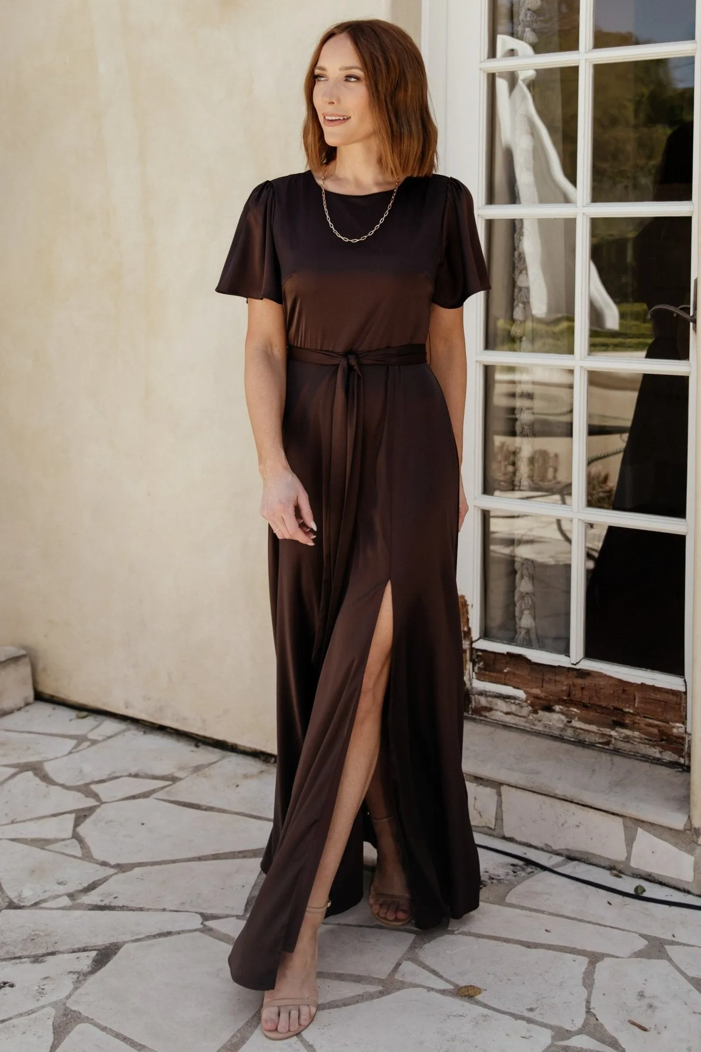 Agnes Satin Maxi Dress | Espresso sold by Baltic Born product image thumbnail 4