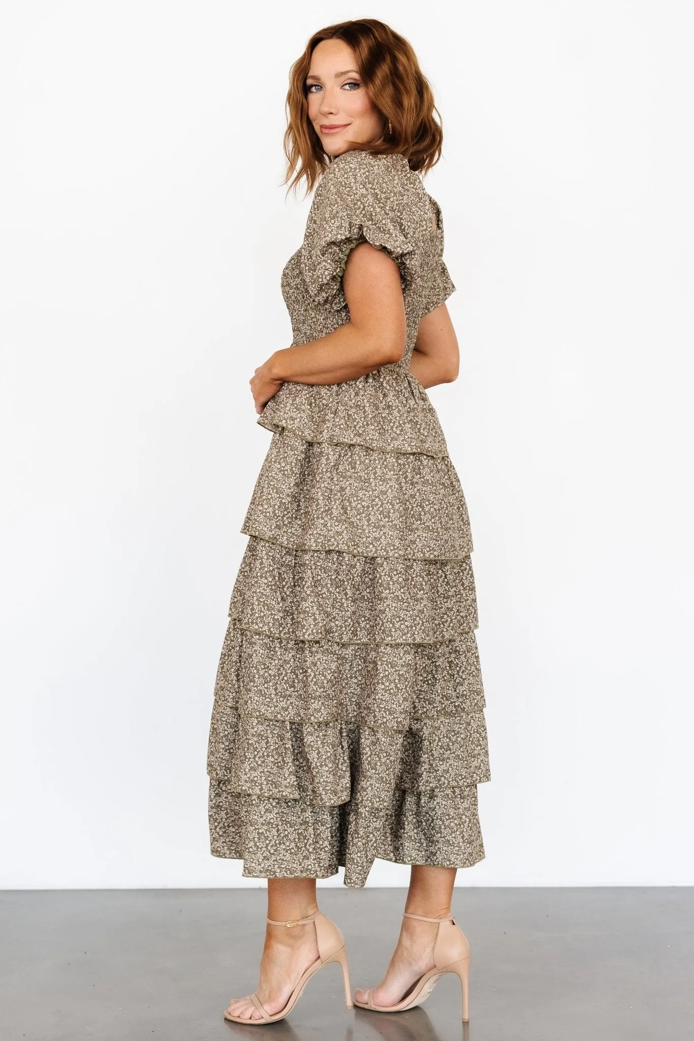 Bromley Tiered Dress | Olive Print sold by Baltic Born product image thumbnail 3