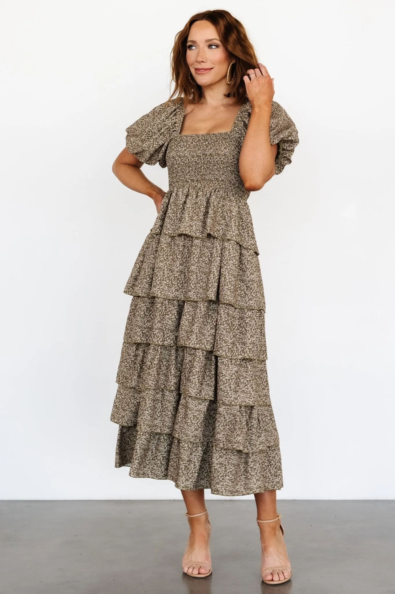 Bromley Tiered Dress | Olive Print sold by Baltic Born product image thumbnail 4