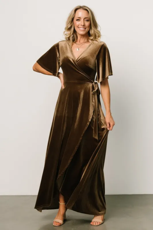 Maella Velvet Wrap Dress | Brushed Bronze sold by Baltic Born