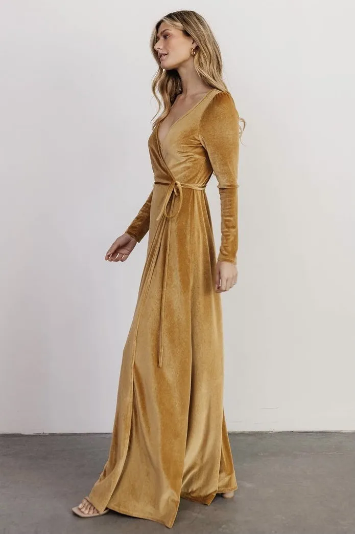 Esmerelda Velvet Wrap Maxi Dress | Gold sold by Baltic Born product image thumbnail 3