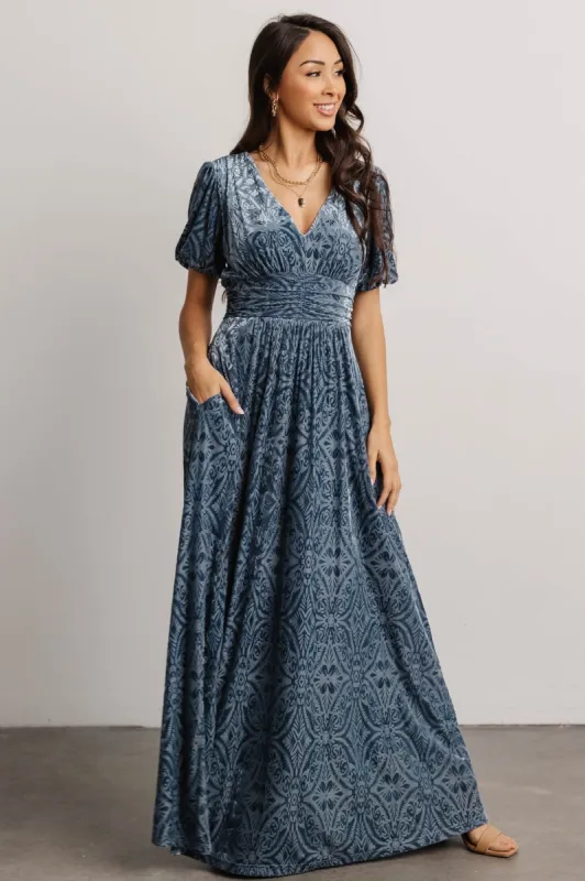 Leslie Velvet Maxi Dress | Blue sold by Baltic Born