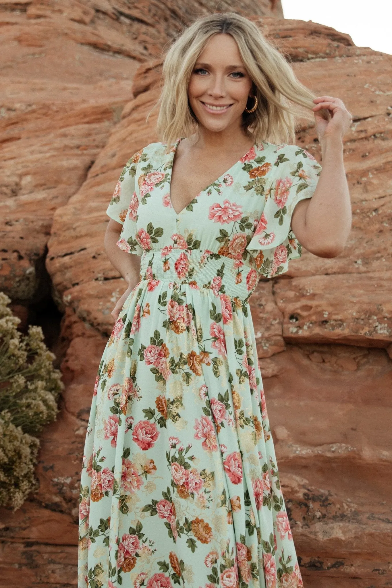 Lynlee Metallic Maxi Dress | Sage + Pink sold by Baltic Born product image thumbnail 5