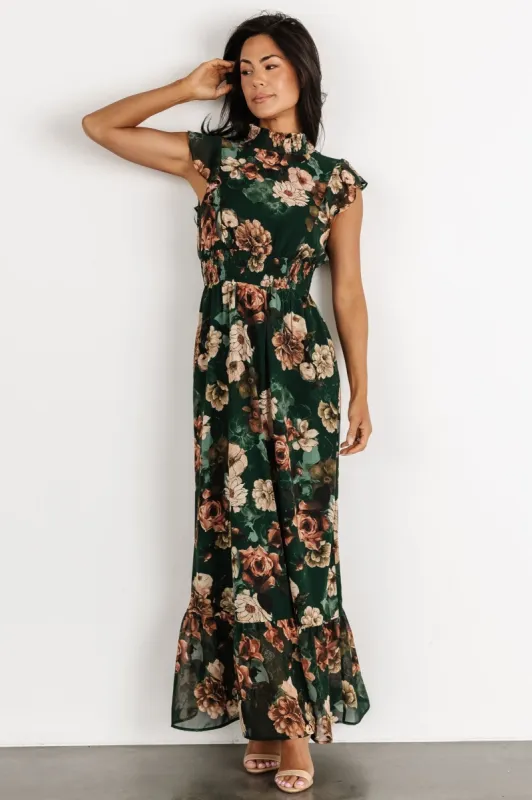 Kearny Ruffle Maxi Dress | Dark Green Floral sold by Baltic Born