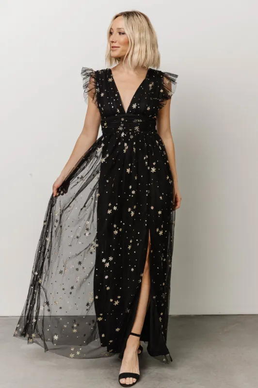 Nova Shimmer Maxi Dress | Black + Gold sold by Baltic Born