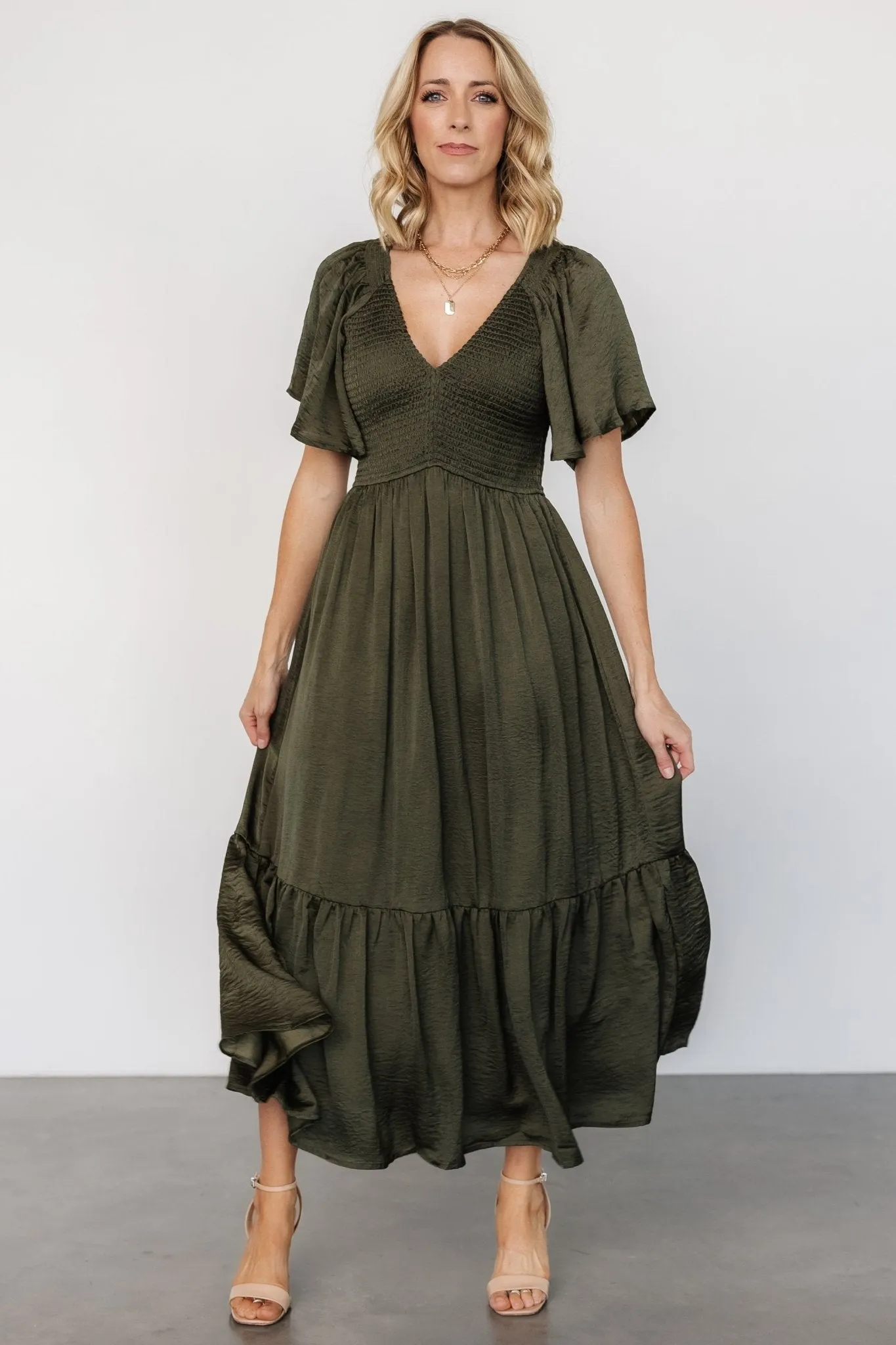 Lovell Smocked Midi Dress | Deep Olive sold by Baltic Born product image thumbnail 4