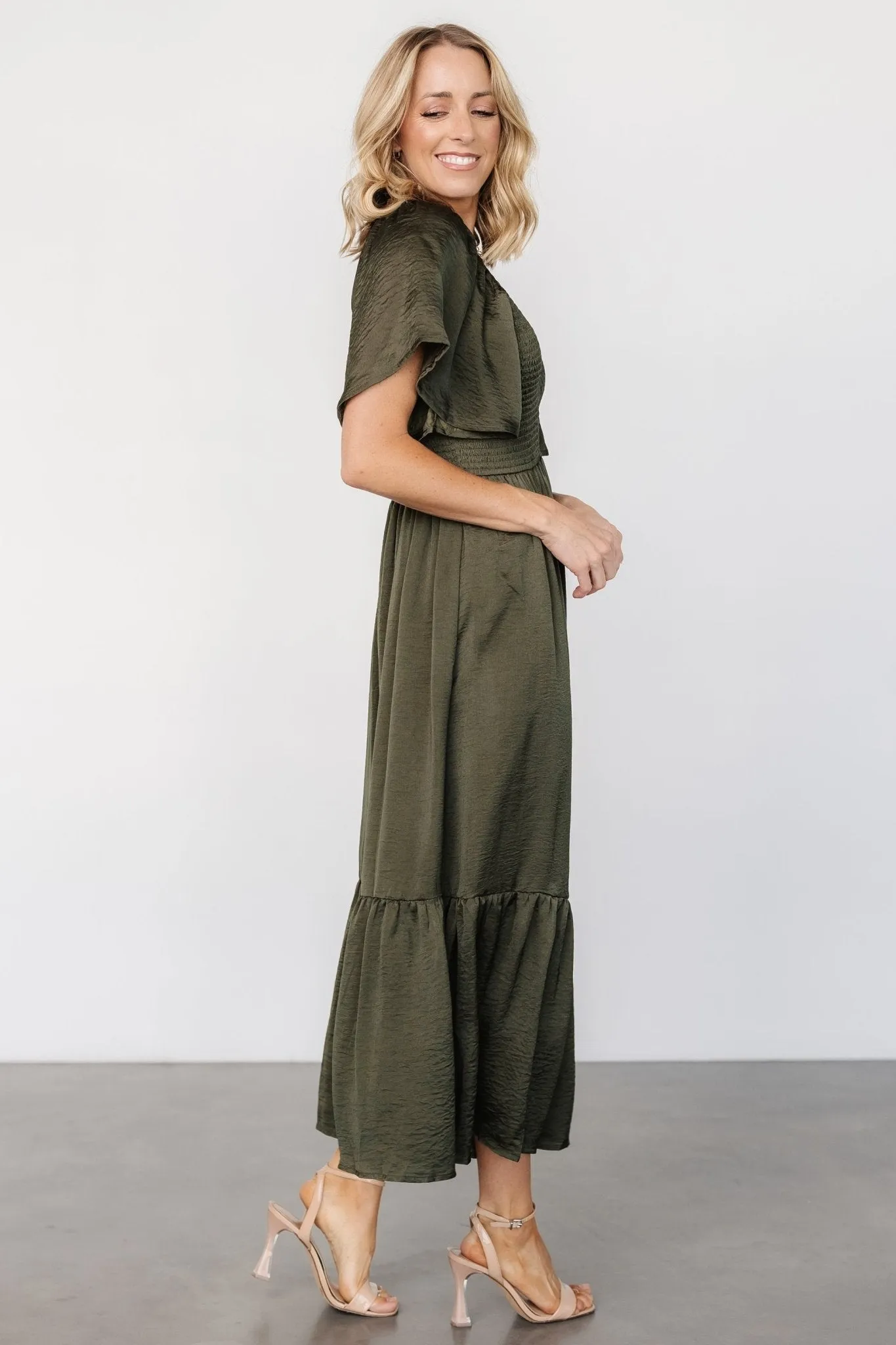 Lovell Smocked Midi Dress | Deep Olive sold by Baltic Born product image thumbnail 3
