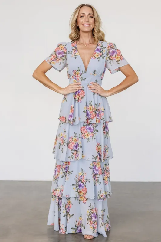 Montaigne Ruffle Maxi Dress | Light Blue Floral sold by Baltic Born