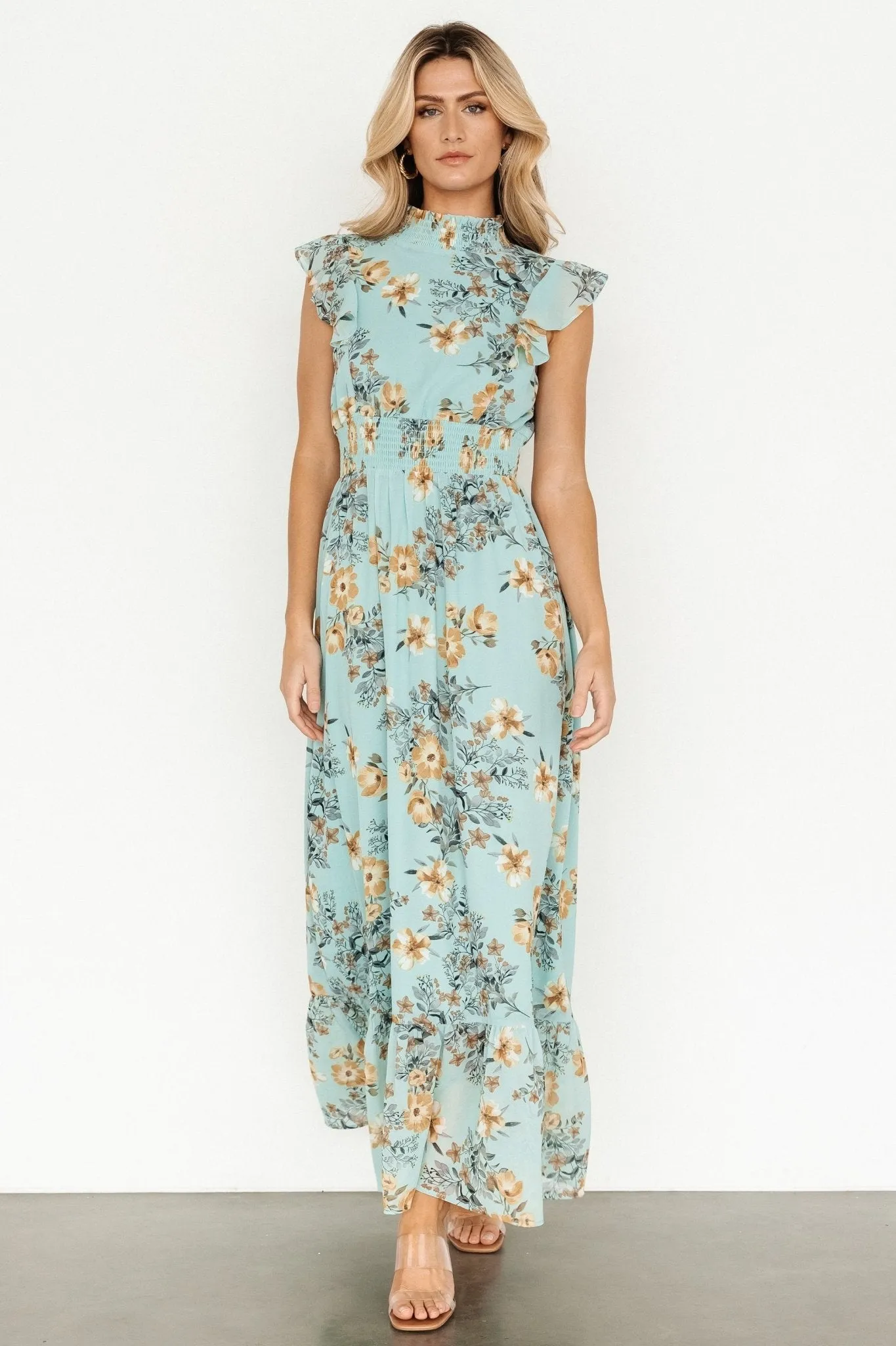 Kearny Ruffle Maxi Dress | Mint Floral sold by Baltic Born