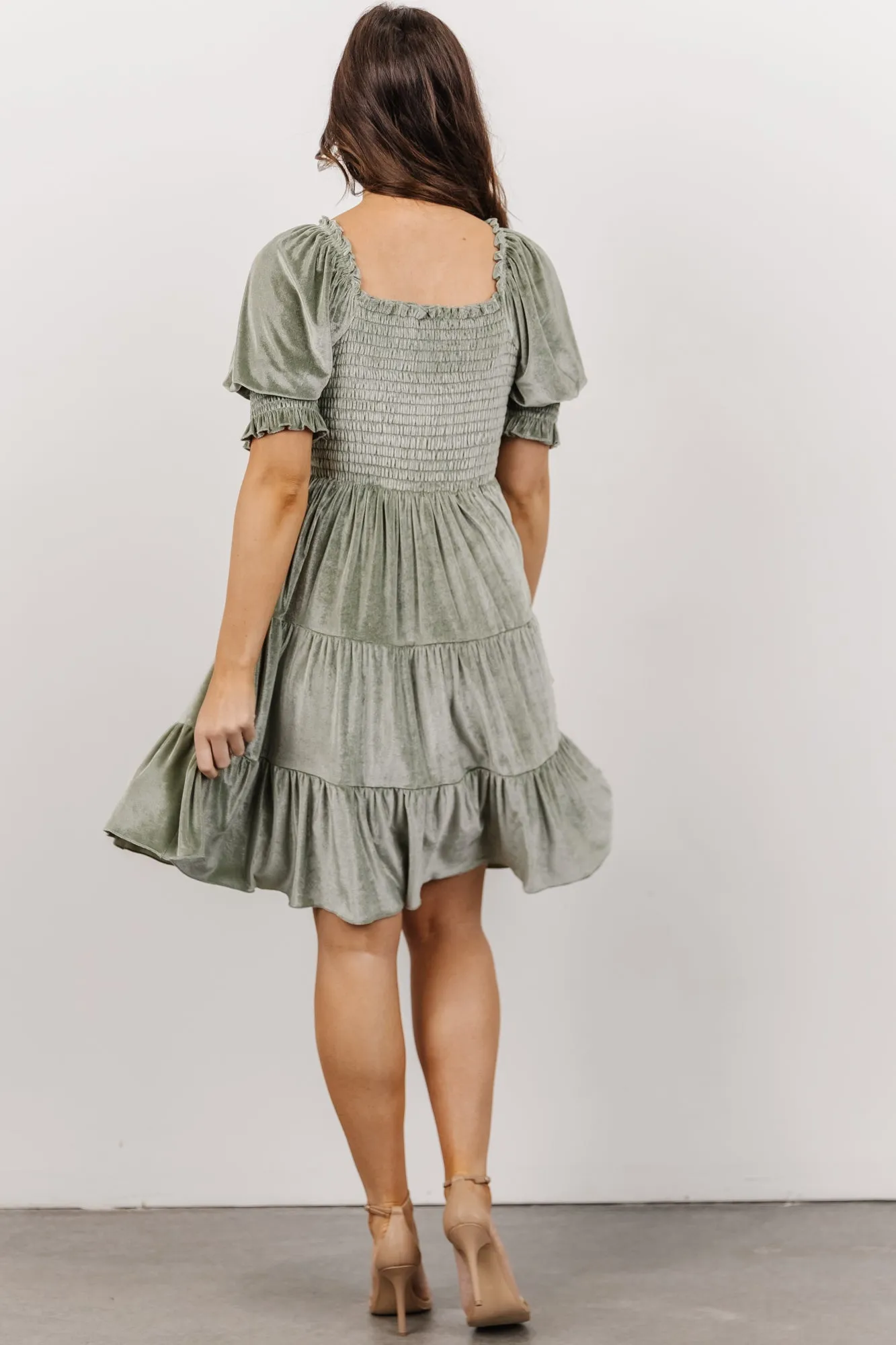 Bliss Smocked Velvet Short Dress | Dusty Sage sold by Baltic Born product image thumbnail 3