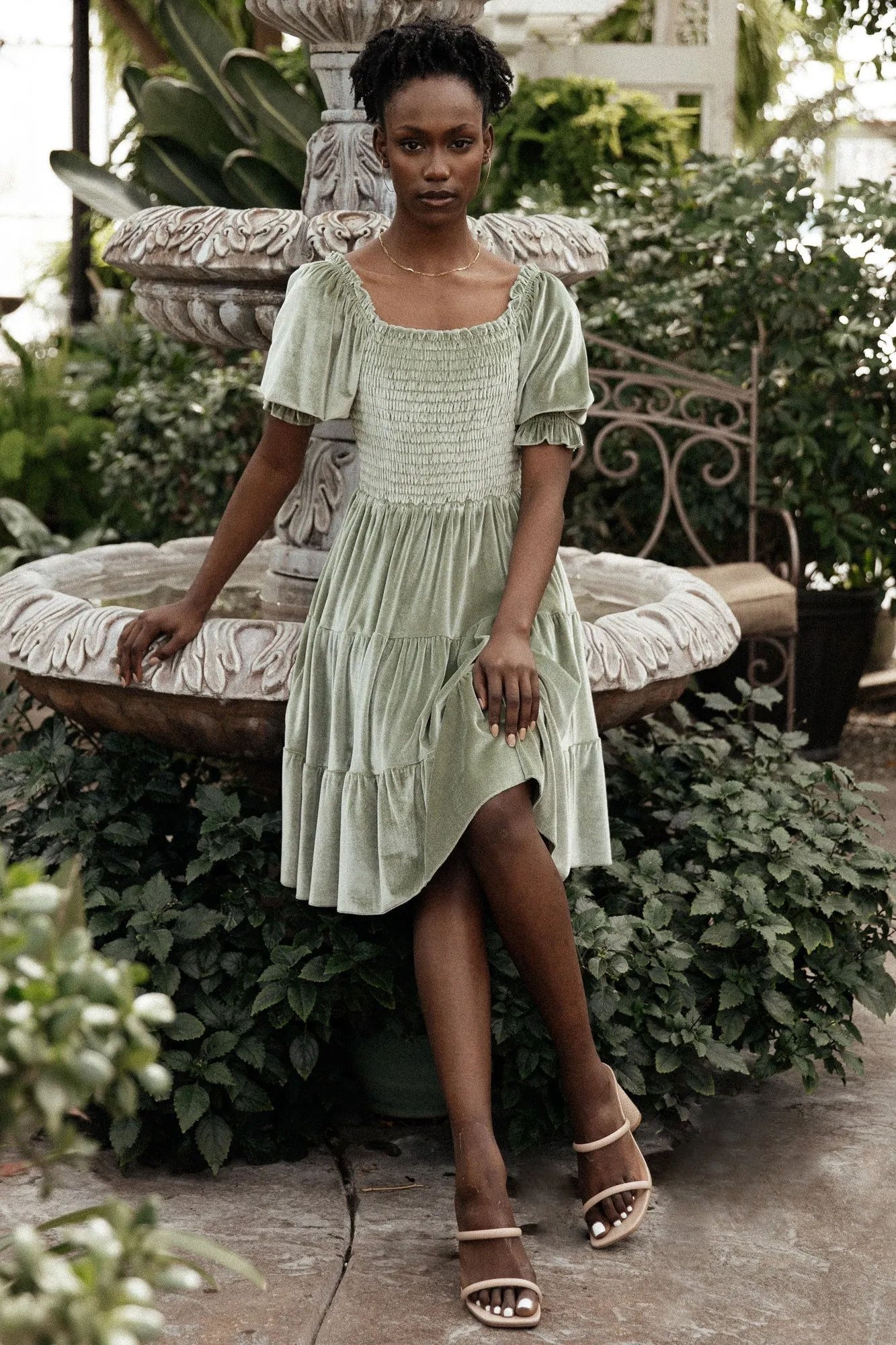 Bliss Smocked Velvet Short Dress | Dusty Sage sold by Baltic Born product image thumbnail 2