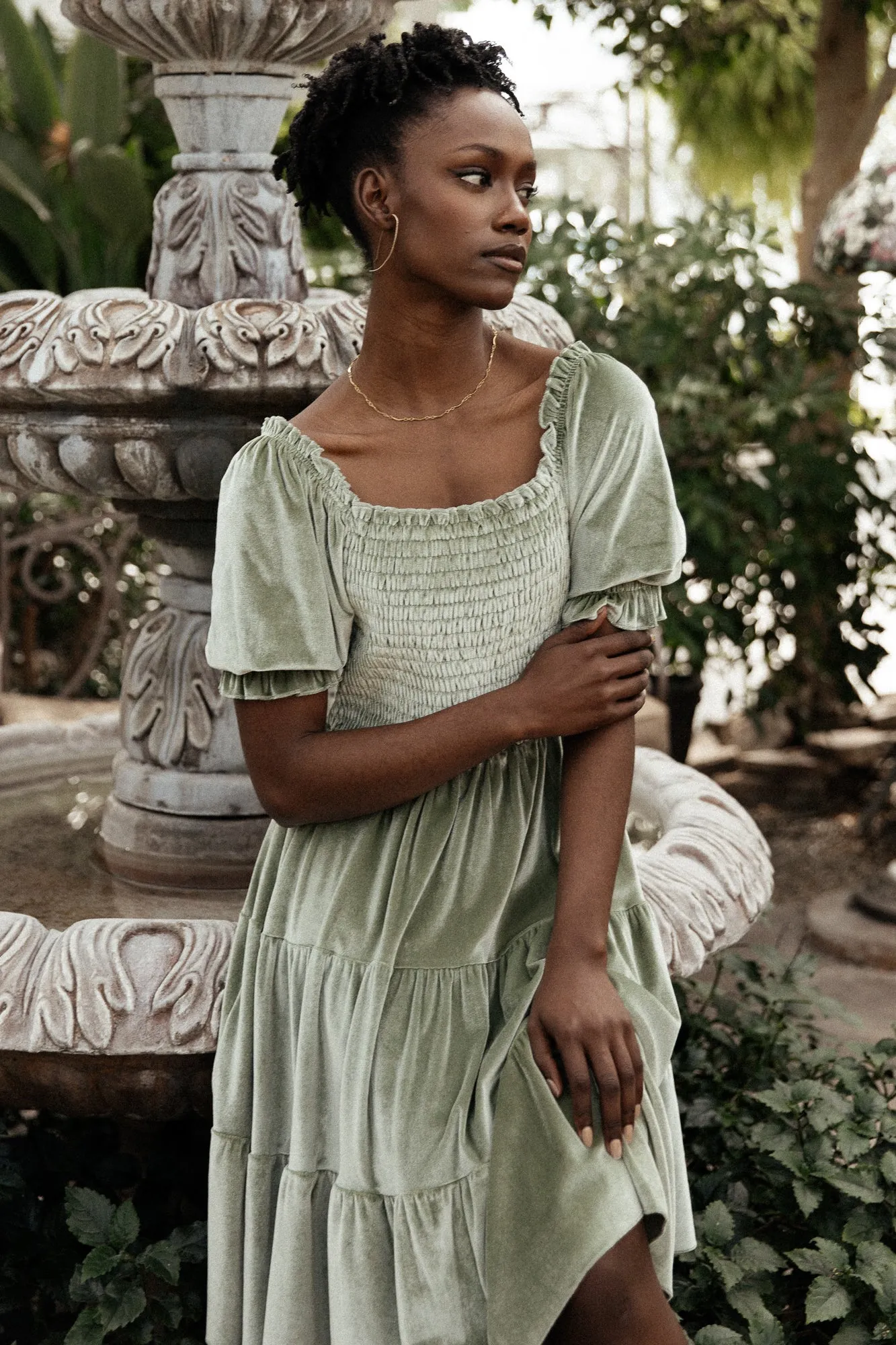 Bliss Smocked Velvet Short Dress | Dusty Sage sold by Baltic Born product image thumbnail 4