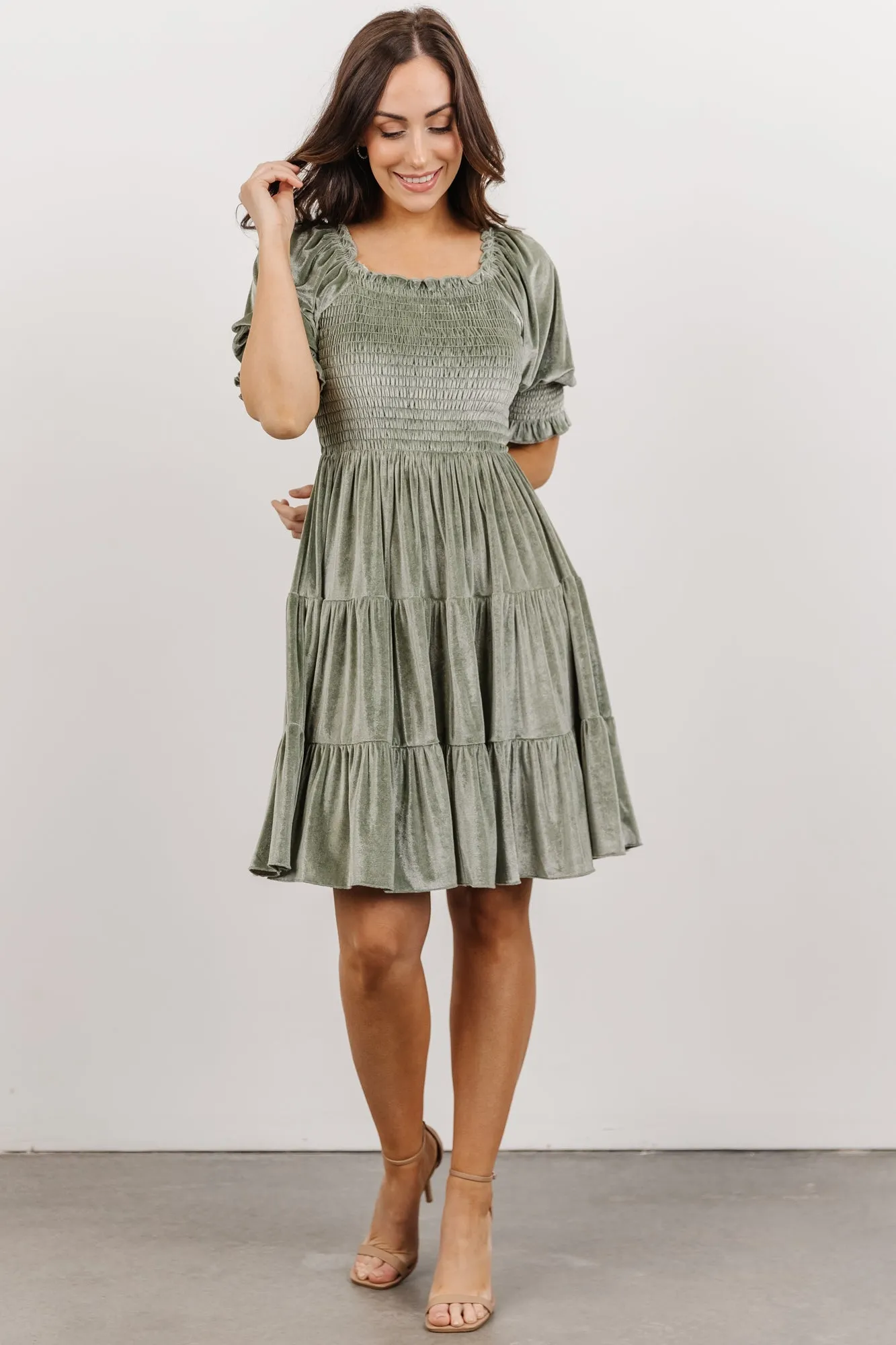 Bliss Smocked Velvet Short Dress | Dusty Sage sold by Baltic Born