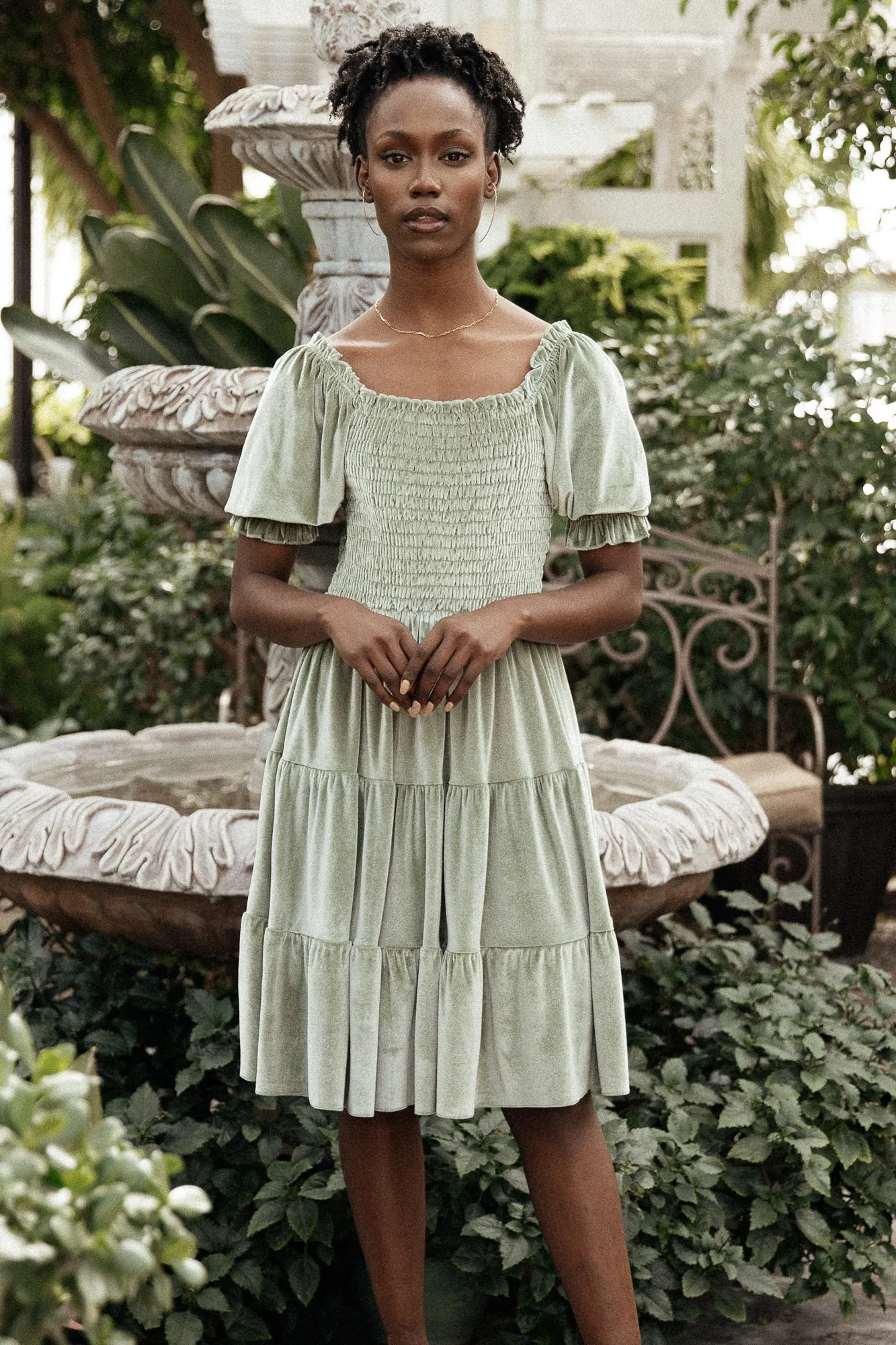 Bliss Smocked Velvet Short Dress | Dusty Sage sold by Baltic Born product image thumbnail 5