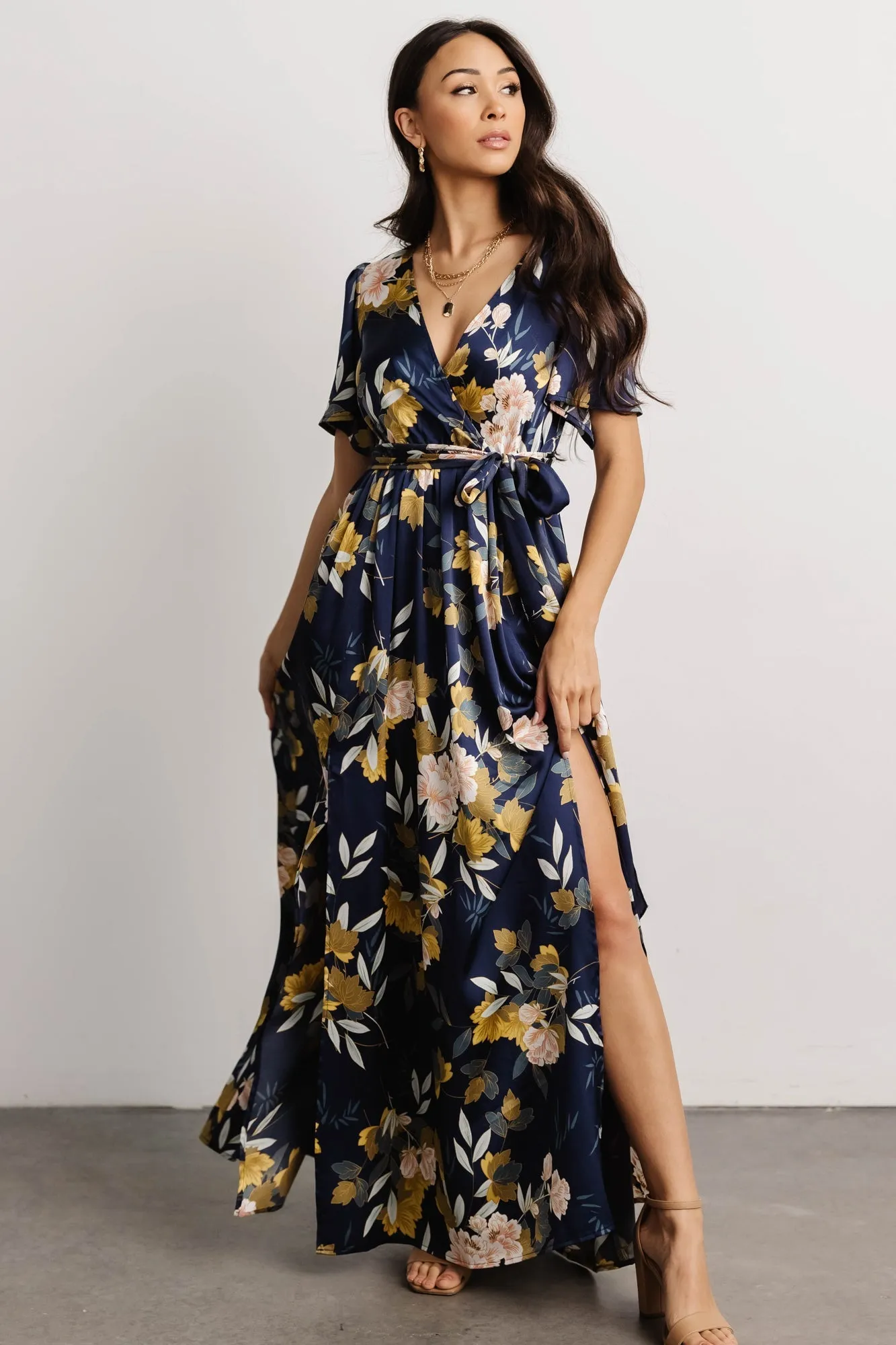 Sicily Satin Maxi Dress | Navy Floral sold by Baltic Born