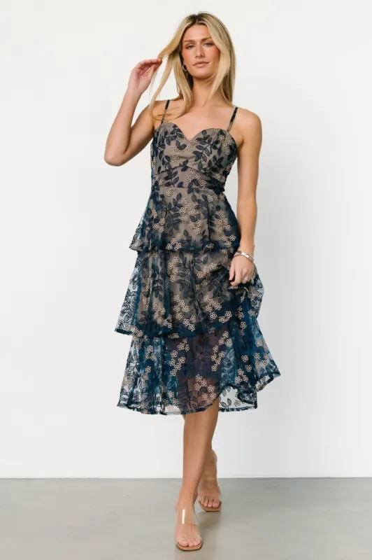 Georgiana Embroidered Midi Dress | Navy sold by Baltic Born