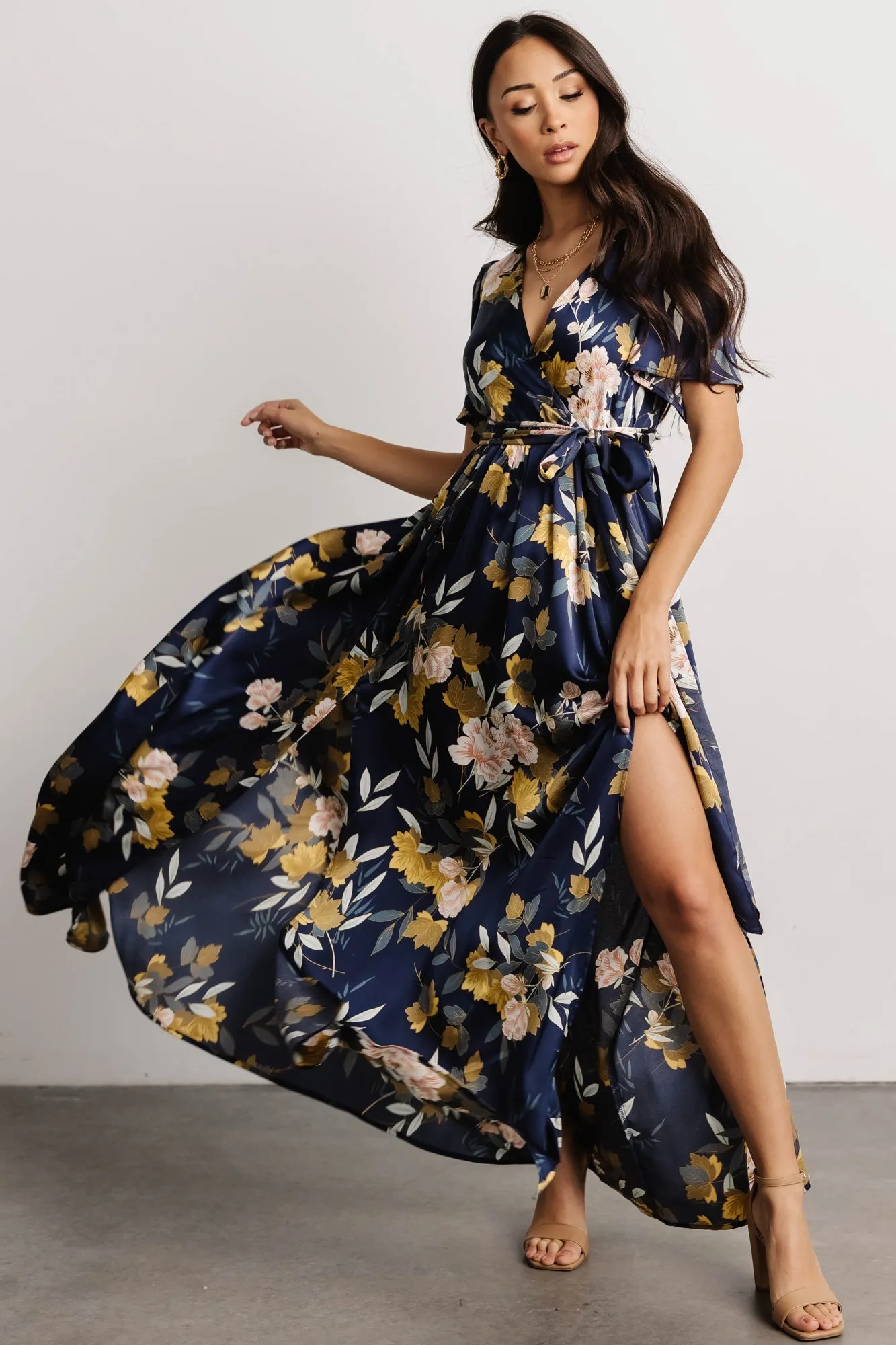 Sicily Satin Maxi Dress | Navy Floral sold by Baltic Born product image thumbnail 3