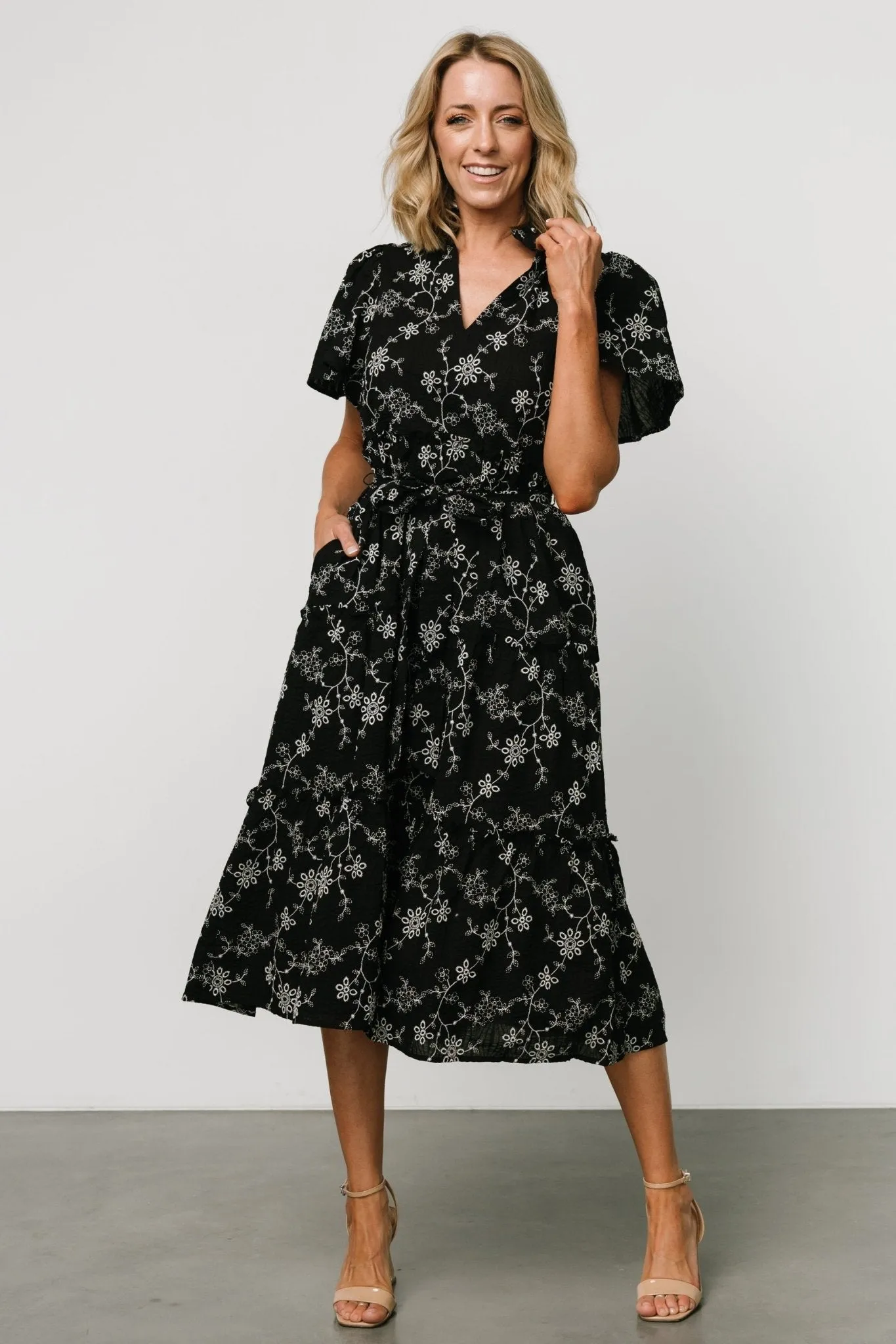 Odeya Tiered Midi Dress | Black + White sold by Baltic Born