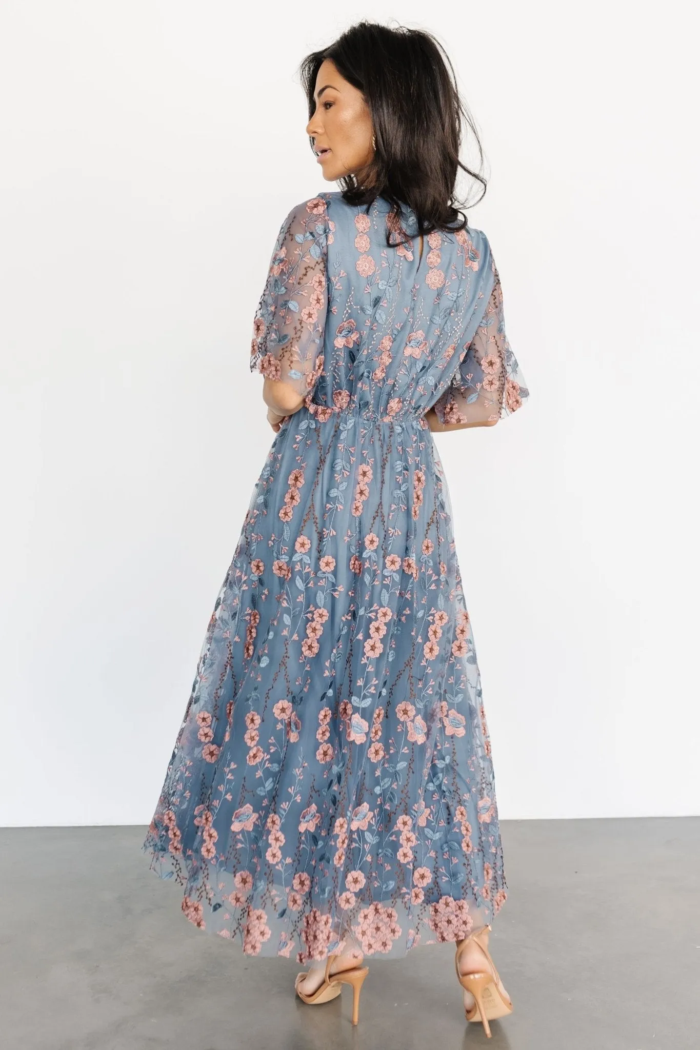 Arabella Embroidered Tulle Maxi Dress | Blue + Pink sold by Baltic Born product image thumbnail 3