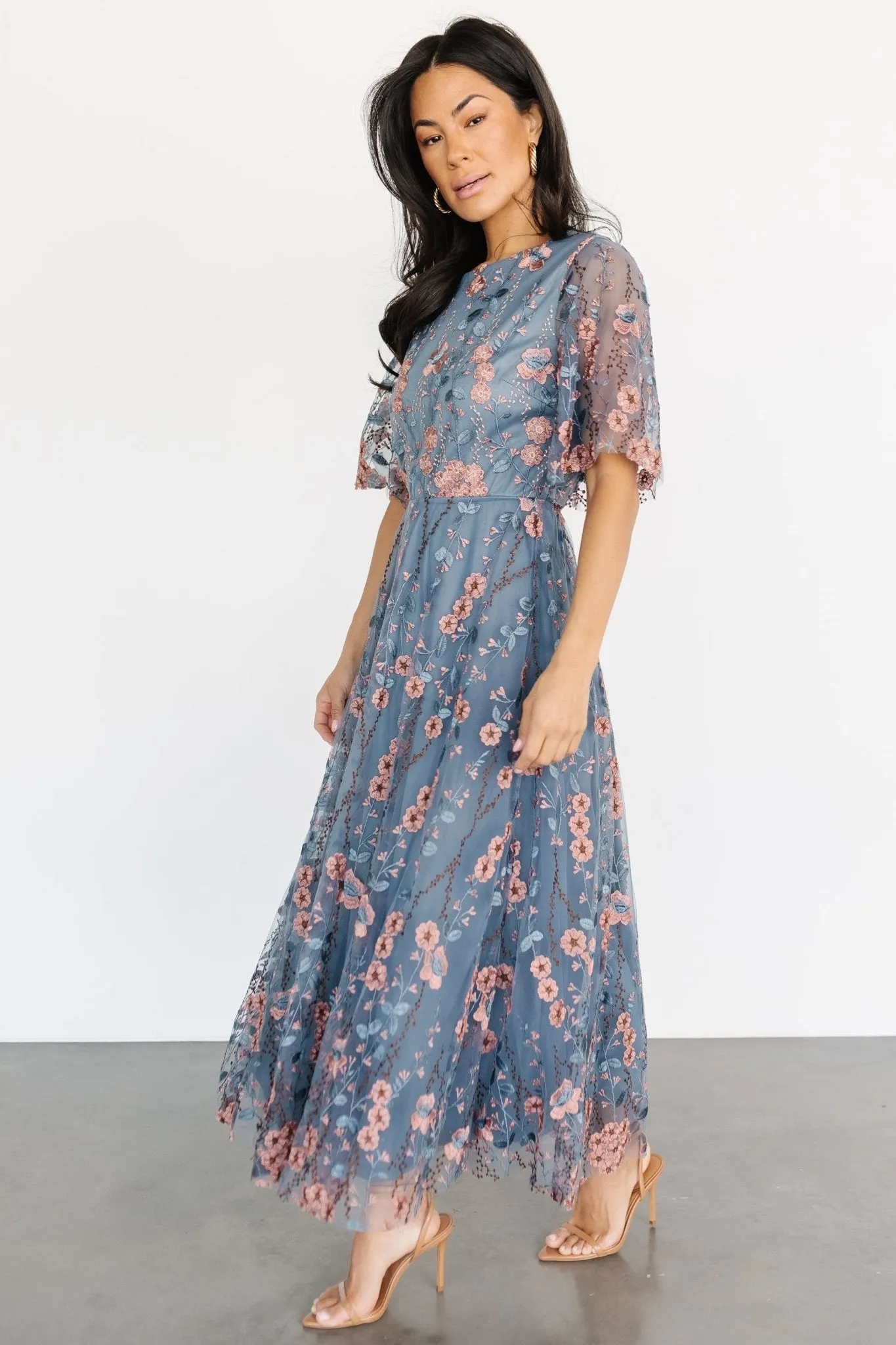 Arabella Embroidered Tulle Maxi Dress | Blue + Pink sold by Baltic Born product image thumbnail 4