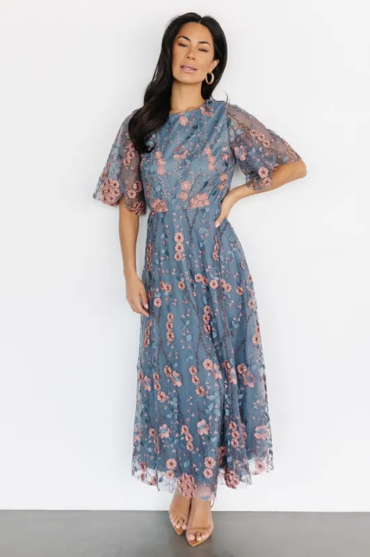 Arabella Embroidered Tulle Maxi Dress | Blue + Pink sold by Baltic Born