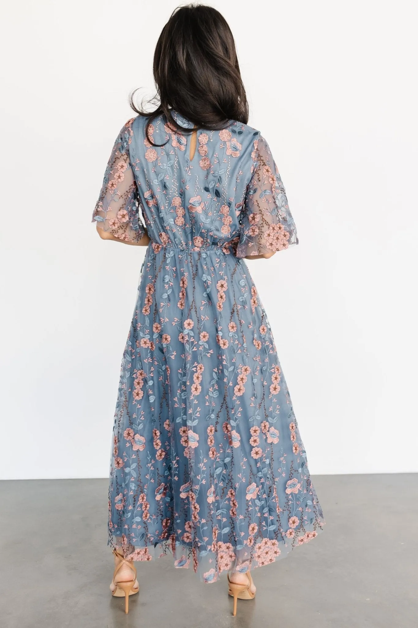 Arabella Embroidered Tulle Maxi Dress | Blue + Pink sold by Baltic Born product image thumbnail 5