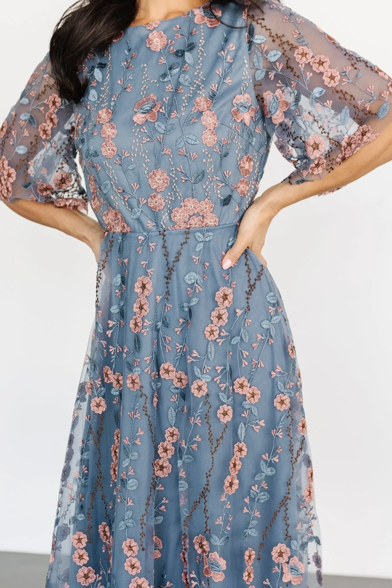 Arabella Embroidered Tulle Maxi Dress | Blue + Pink sold by Baltic Born product image thumbnail 2