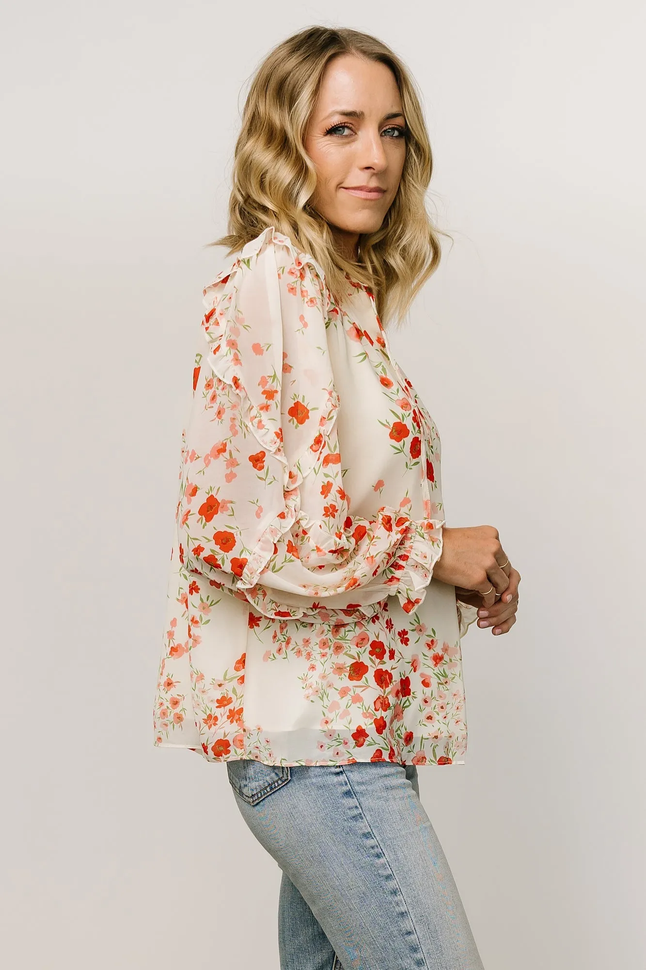 Karlie Long Sleeve Ruffle Top | Ivory + Red Multi sold by Baltic Born product image thumbnail 3