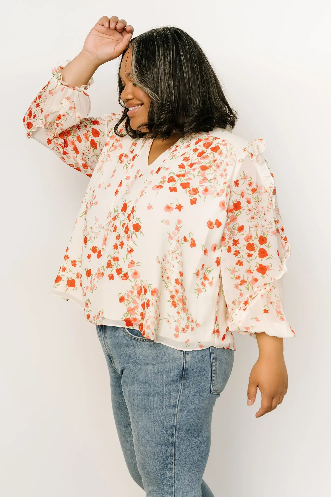 Karlie Long Sleeve Ruffle Top | Ivory + Red Multi sold by Baltic Born product image thumbnail 4