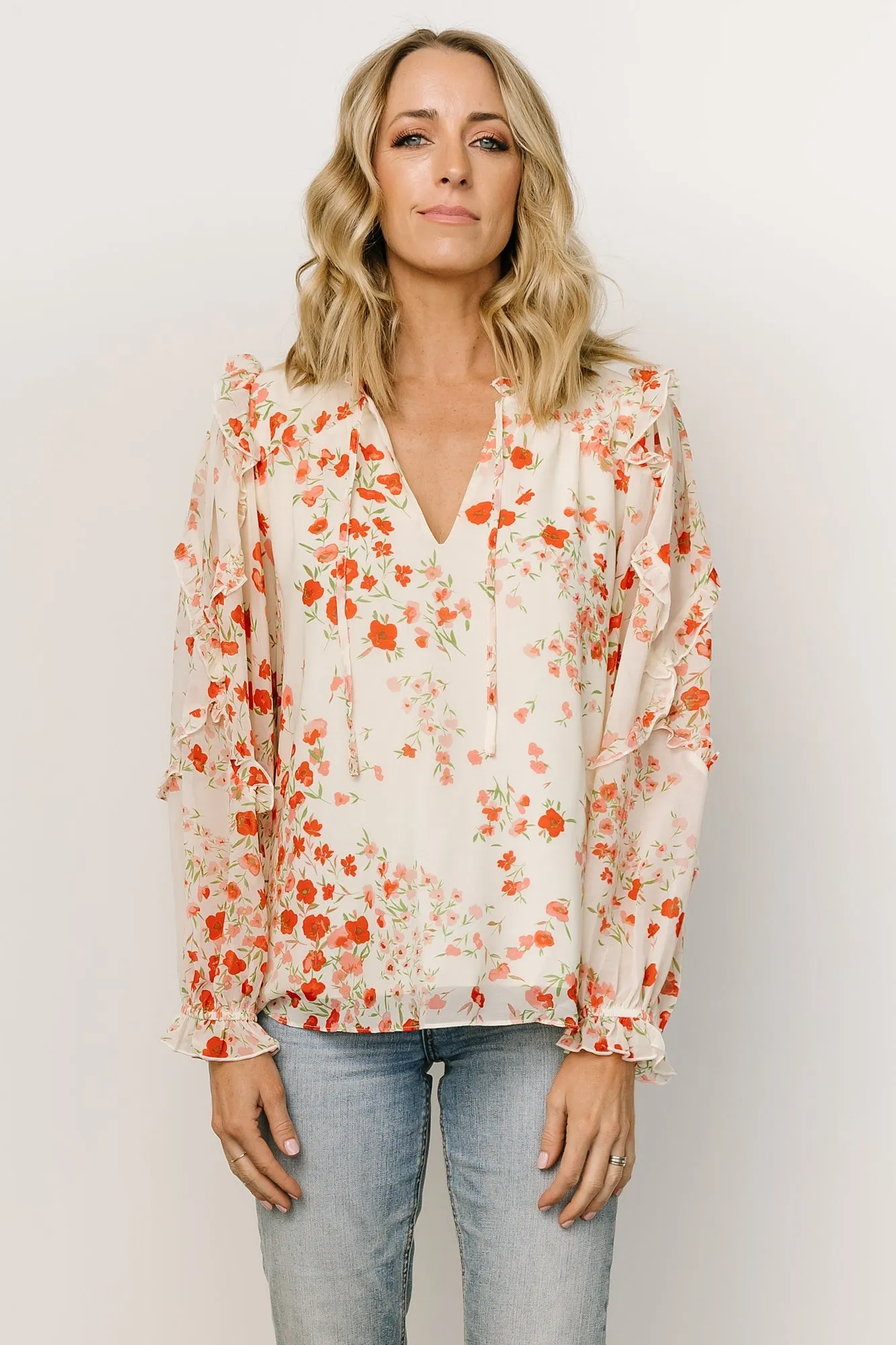 Karlie Long Sleeve Ruffle Top | Ivory + Red Multi sold by Baltic Born